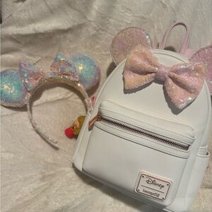 Loungefly White Backpack with Pink and Blue Sequin Ears